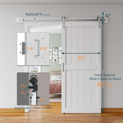 36''x84'' Sliding Barn Door with 6.6 Ft Brushed Nickel Hardware | Pre-Drilled Holes Easy Assembly - Include Installation Manual, Water-Proof PVC Surface, H-Frame, White