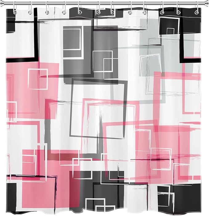 Abstract Geometric Hot Pink Shower Curtain Sets with Rugs, Gray Black and White Geometric Textured Bathroom Curtain Polyester Fabric Bathroom Decoration Shower Curtain Set,70L X 70W Inches