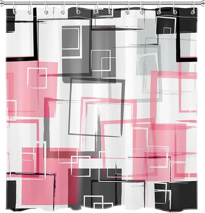 Pink and White Geometric Modern Shower Curtain for Bathroom Decor,Black and Grey Abstract Striped Shower Curtain with Hooks Mid Century Minimalist Bathroom Shower Curtain Set,72L X 72W inches
