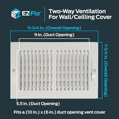 EZ-FLO 10 x 6 Inch White Air Vent Cover Bundle with 8 x 6 Inch White Air Vent Cover, Solid Steel Two-Way Ventilation Registers for Wall or Ceiling