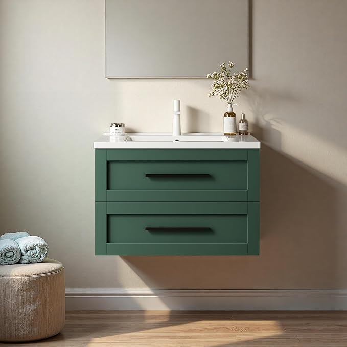 Floating Bathroom Vanity with Sink, 30" Bathroom Storage Cabinet with Curve Design Ceramic Basin & 2 Soft-Close Drawers, Wall-Mounted Vanity with Large Storage Space & Black Handle, Green