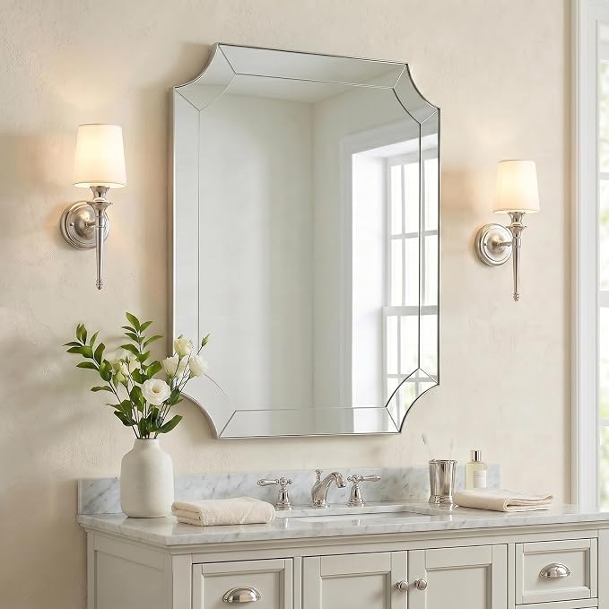 Brushed Nickel Mirror, 28x36 Scalloped Bathroom Mirror, Silver Vanity Mirror in Stainless Steel, Notched Mirrors with Delicate Tessellated Glass, Wall-Mounted Horizontal/Vertical