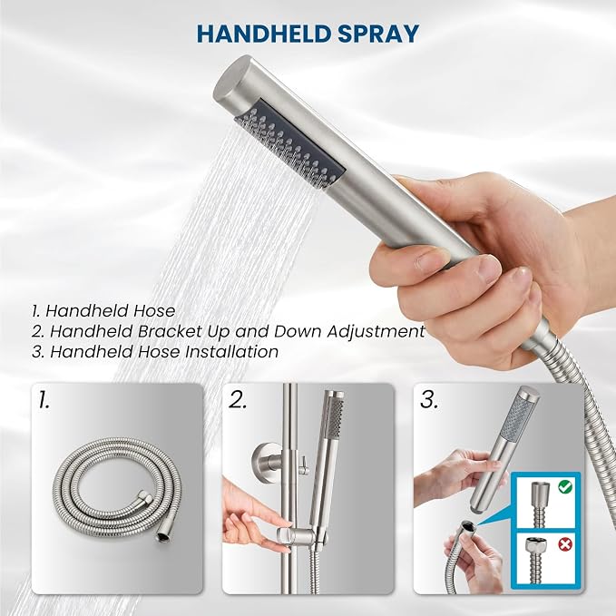 gotonovo 304 Stainless Steel Outdoor Shower Fixtures Exposed,Brushed Nickel | 8 Inch Rain Showerhead with Handheld Sprayer Outdoor Outside Shower Kit System Faucet Head Valve Wall Mount for Pool Backyard