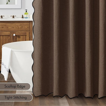 MIULEE 72"x90" Extra Long Scalloped Linen Shower Curtain Brown | Linen Textured, Waterproof, Washable, 12 Metal Hooks, Heavy Duty Cloth, Black Border, Shower Curtain for Bathroom Bathtub