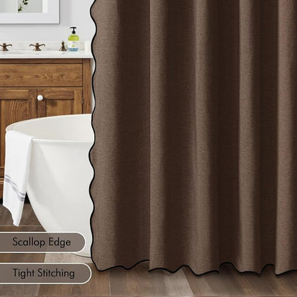 MIULEE Brown Scalloped Linen Shower Curtain 72x72 Inches | Linen Textured, Waterproof, Washable, 12 Metal Hooks, Heavy Duty Cloth, Black Border, Shower Curtain for Bathroom Bathtub