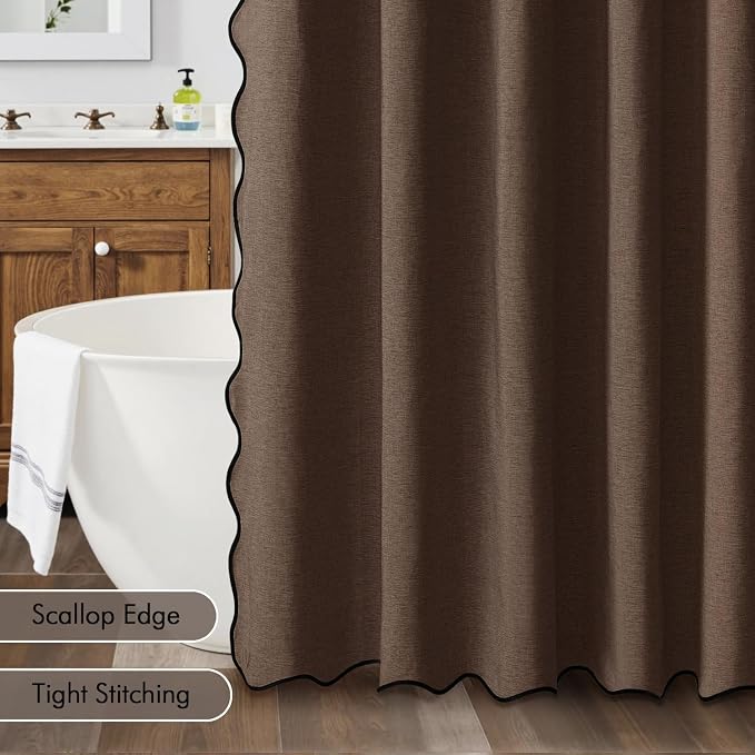 MIULEE Brown Scalloped Linen Shower Curtain 72x78 Inches | Linen Textured, Waterproof, Washable, 12 Metal Hooks, Heavy Duty Cloth, Black Border, Shower Curtain for Bathroom Bathtub