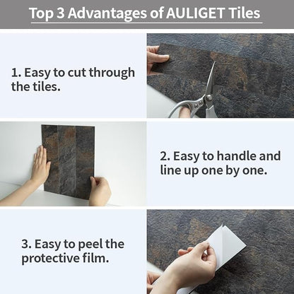 AULIGET 40-Piece Rust Slate Peel and Stick Backsplash Wall Tiles, 3" x 12" PVC Faux Stone Stick on Tiles for Backsplash Kitchen, Bathroom, Laundry Room, Camper, Fireplace