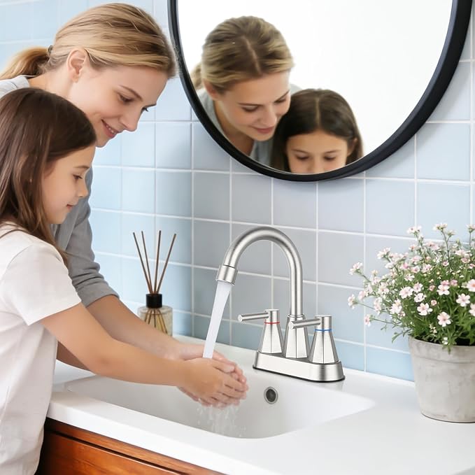 4-Inch Centerset Bathroom Sink Faucet 2-Handle, Brushed Nickel | Lead-free stainless steel, pop-up drain included, Detachable faucet aerator, 360°swivel spout, for vanity sink 3-hole mount