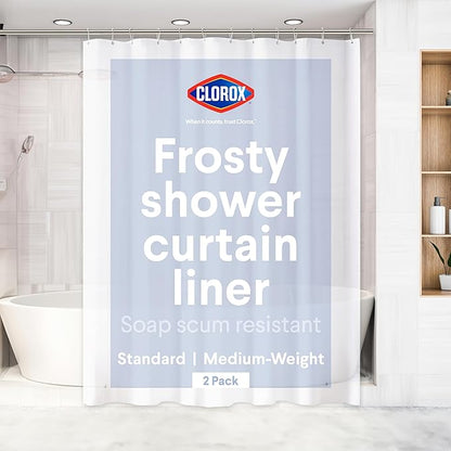 Clorox Shower Curtain Liner, Premium Medium-Weight Durable Waterproof 6g PEVA for Bathroom with Weighted Magnets, Standard Size 72" x 72", Frosty 2 Pack