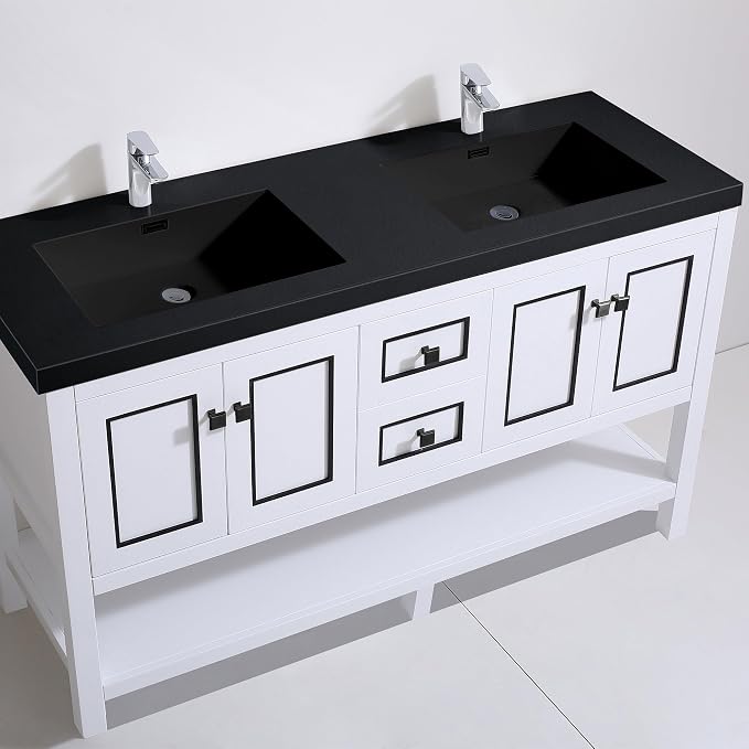 Dowell 61" Bathroom Sink,Double Bowl Vanity Basin,Rectangular Drop-In Bathroom Sink with Overflow,Black-000 6122BPBL
