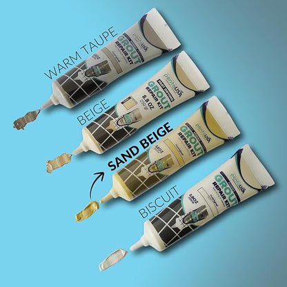 Premixed Tile Grout Repair - Sand Beige (8.8oz/250g) | 5 beige shades with RAL codes, premixed acrylic sanded, bathroom shower kitchen tile, water-resistant, 24-hour cure, 29 sq ft