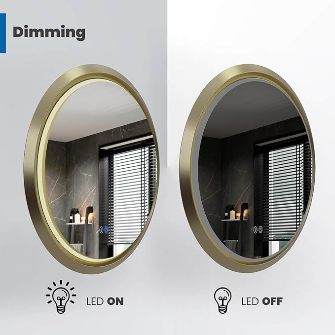 32 Inch Round LED Mirror for Bathroom, Gold Metal Frame Lighted Vanity Mirror with 3 Color Modes, Touch Dimmer - Anti-Fog Wall Mounted Circle Mirror with Lights - Fab Glass and Mirror
