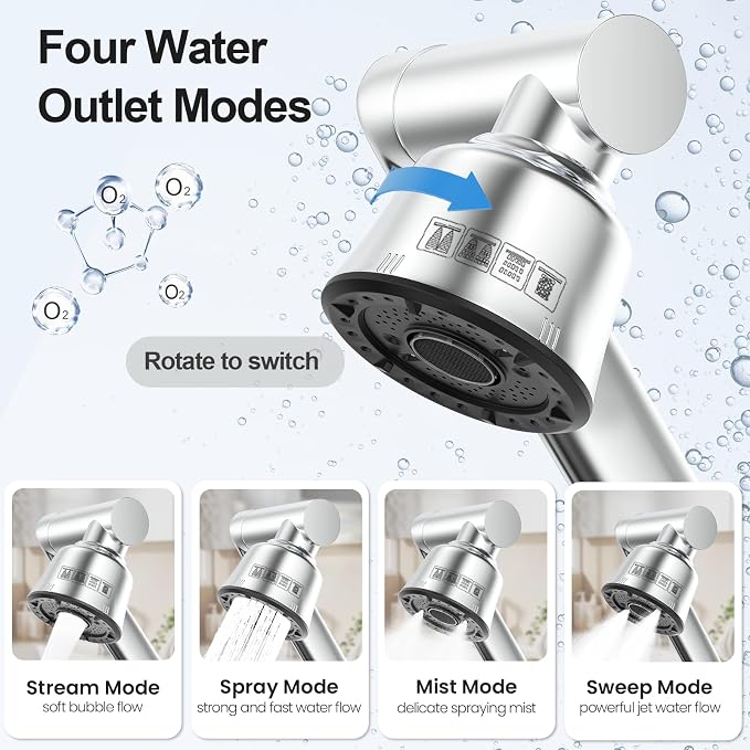 Stainless Steel Bathroom Sink Faucet, 1080° Rotatable, Silver | Fit 1 Hole Sink, 4 Water Outlet Modes, Three-stage Rotating Design, Flexible Adjustment, Anti-Rust, No Leakage, Single Handle