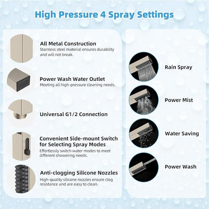 Hibbent All Metal CUPC Certified 12'' Rainfall Shower Head, Dual Shower Head Combo, High Pressure Handheld 4 Sprays Shower Wand, 16'' Adjustable Extension Arm, 71'' Hose, Shower Holder, Brushed Nickel