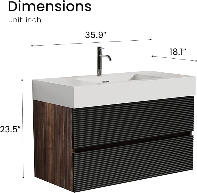 36 Inch Bathroom Vanity with Sink, Floating Bathroom Cabinet with 2 Soft-Closing Drawers, Large Storage for Small Bathroom, Apartment, Hotel, Walnut+Black, White Sink