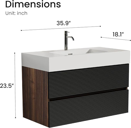36 Inch Bathroom Vanity with Sink, Floating Bathroom Cabinet with 2 Soft-Closing Drawers, Large Storage for Small Bathroom, Apartment, Hotel, Walnut+Black, White Sink