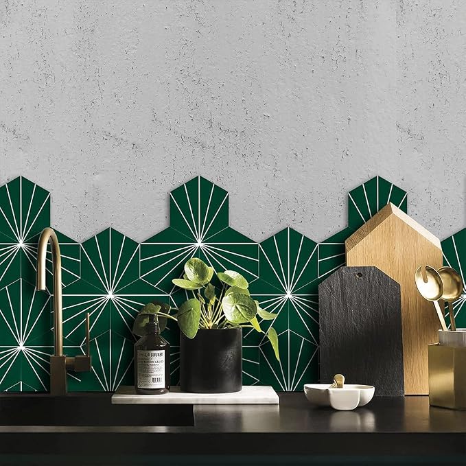 AULIGET Flower Vintage Hexagon Tile Peel and Stick Backsplash, 6"x7" Self Adhesive Wall Tiles in Green (Pack of 45)