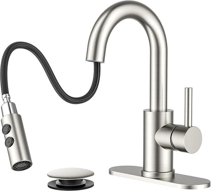 FORIOUS Bathroom Faucet 1 Hole Single Handle with Pull Down Sprayer Nickel | with 6-inch Deck Plate for 1 or 3 hole(4-inch centerset) Setup, Swivel Sink Faucet for RV Bar Laundry Vanity Utility
