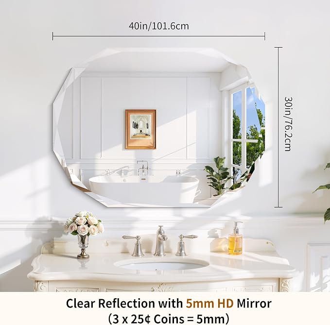 GLASHOM Frameless Bathroom Mirror, 30x40 inch Frameless Wall Mirrors Beveled Edge Wall Mounted, Oval Mirror for Bathroom, Living Room, Over Sink, Entryway Mirror Horizontal or Vertical