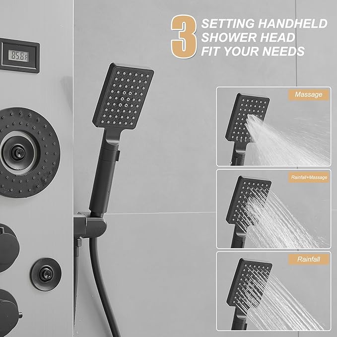 6 in 1 Shower Panel Tower System, Rainfall Shower Tower Systems w/LED and Digital Display Stainless Steel Shower Panels with Waterfall Tub Spout Massage Jets Handheld Head Nickel and Black