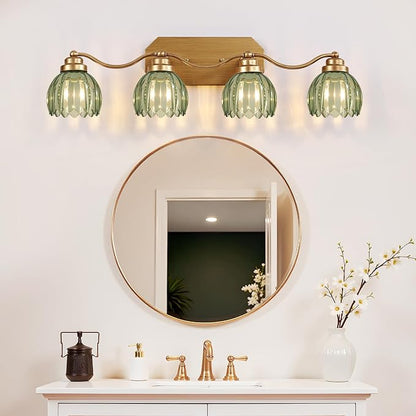 Gold Vanity Light, Vintage Tulip Green Glass Shade, Antique Brass Finish | 4 Light Brushed Gold Bathroom Light Fixtures, Crystal Wall Sconce, Mounted Over Mirror for Bedroom Hallway, Easy to Install