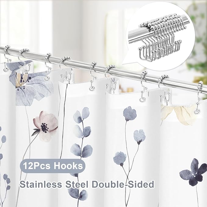 Long 3 in 1 Shower Curtain Set, 72x78 | Long 3 in 1 Shower Curtain Set, PEVA Liner Set & 12 Double Sided Steel Hooks, Waterproof Fabric Bathroom Curtain