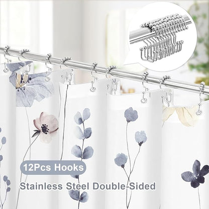 3 in 1 Grey Watercolor Floral Shower Curtain Liner Set, 72x72 | 3 in 1 Shower Curtain Set, PEVA Liner& 12 Double Sided Steel Hooks, Waterproof Fabric Bathroom Curtain