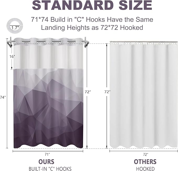 No Hook Shower Curtain with Snap in Liner Set, Purple, 71x74 | Waterproof Fabric for Bathroom, Modern Hotel Style Ombre Design, Mesh Top Window, Machine Washable, Quick Install