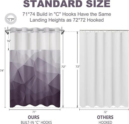 No Hook Shower Curtain with Snap in Liner Set, Purple, 71x74 | Waterproof Fabric for Bathroom, Modern Hotel Style Ombre Design, Mesh Top Window, Machine Washable, Quick Install
