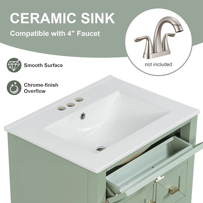 Merax 24 Inch Bathroom Vanities with Undermount Ceramic Sink, Tip-Over Drawer and Side Drawers, Soft Closing Door with Shelf, Solid Wood Frame, Light Green