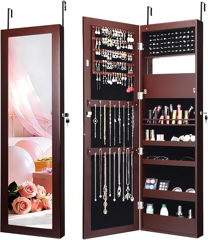 NAFORT 15 LEDs Lockable Mirror Jewelry Armoire Organizer, Christmas Gift Wall Door Mounted Storage Cabinet with Full-Length Mirror, Folding Tray,5 Storage Shelves, Brown