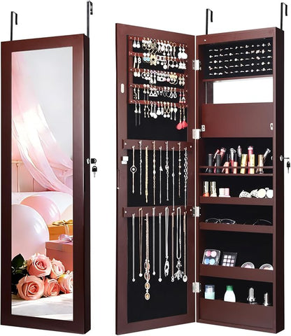 NAFORT 15 LEDs Lockable Mirror Jewelry Armoire Organizer, Christmas Gift Wall Door Mounted Storage Cabinet with Full-Length Mirror, Folding Tray,5 Storage Shelves, Brown