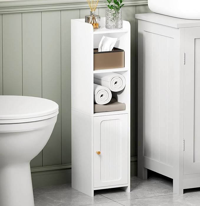 BEWISHOME Small Bathroom Cabinet, Narrow Storage Cabinet with Anti-Tip & Adjustable Shelves, Bathroom Organizers and Storage Cabinets for Small Spaces, 7.9" D x 7.9" W x 31.5" H, White YYG06W
