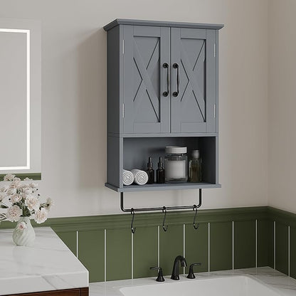 ChooChoo Farmhouse Medicine Cabinet, Bathroom Wall Cabinet with Adjustable Shelf, Towel Bar, 3 Hooks, Over The Toilet Storage Cabinet for Bathroom, Kitchen, Grey