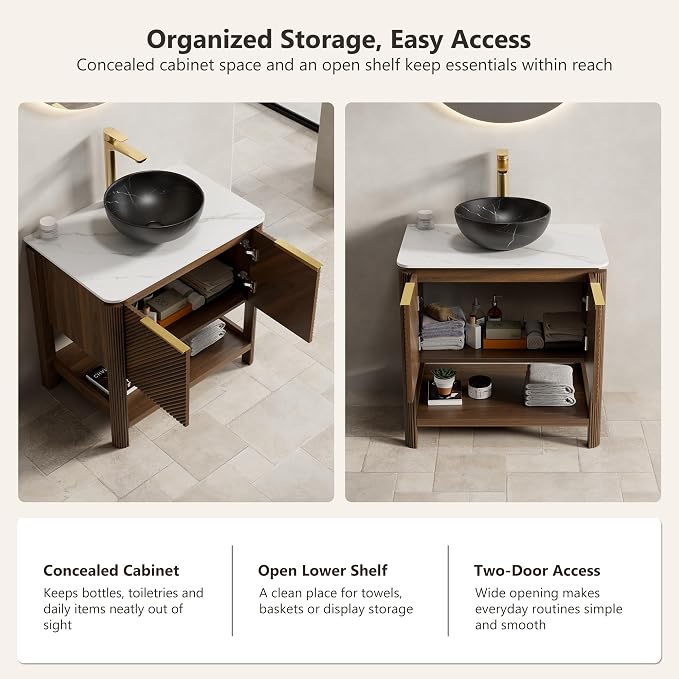 Yayzy 30 Inch Bathroom Vanity with Sink, Freestanding Dark Walnut Bathroom Cabinet, Black Marble Pattern Vessel Sink, Carrara White Sintered Stone Countertop, Soft Close Doors, Open Storage Shelf