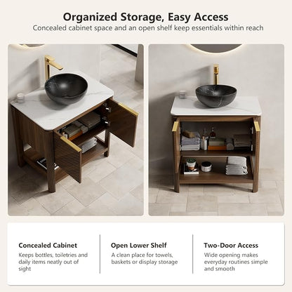Yayzy 30 Inch Bathroom Vanity with Sink, Freestanding Dark Walnut Bathroom Cabinet, Black Marble Pattern Vessel Sink, Carrara White Sintered Stone Countertop, Soft Close Doors, Open Storage Shelf