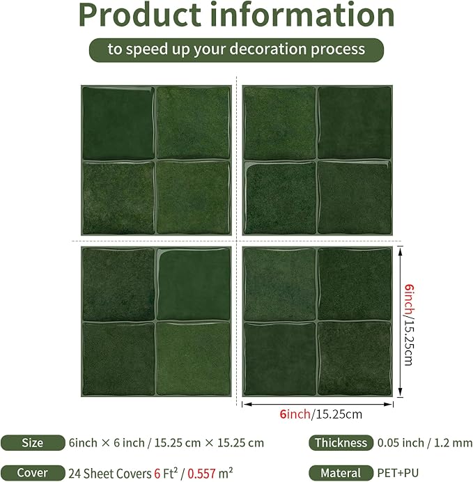 Sage Green 24 Sheets 6x6 Inch Peel and Stick Subway Tile Backsplash, Self Adhesive Wall Tiles for Kitchen Bathroom, Thick Waterproof Heat Resistant, Easy Install No Grout, Renter Friendly