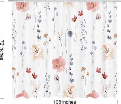 Coral Beige Watercolor Floral Fabric Shower Curtain, 108x72 | Waterproof Fabric, Modern Minimalist Floral Print, Machine Washable, Rustproof Grommets, for Bathroom Home, Extra Wide