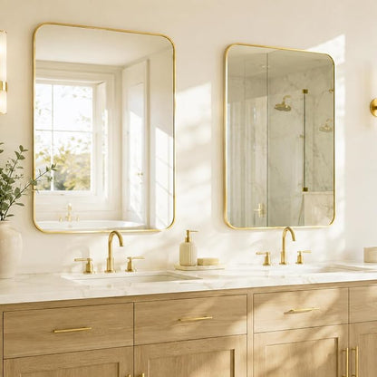 2-Pack 24x30 Inch Brushed Gold Rounded Rectangle Vanity Mirrors | Double Vanity or Two Bathrooms, Pair or Separate Use, Aluminum Frame, Slim Front Profile, Two-Way Mount