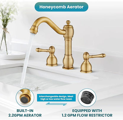 gotonovo 8 Inch Widespread Bathroom Faucets for Sink 3 Hole 2 Lever Handle Deck Mount with Pop Up Drain Hot and Cold Water Supply Lines Antique Brass