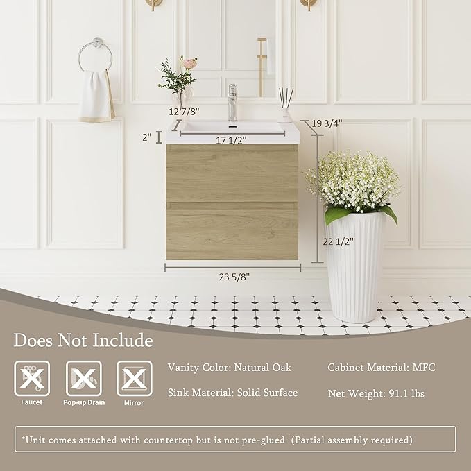 Floating Bathroom Vanity with Sink, 24" Wall-Mounted Bathroom Storage Vanity Cabinet with Resin Top Basin and Soft Close Drawers, No Assembly Required, Natural Oak