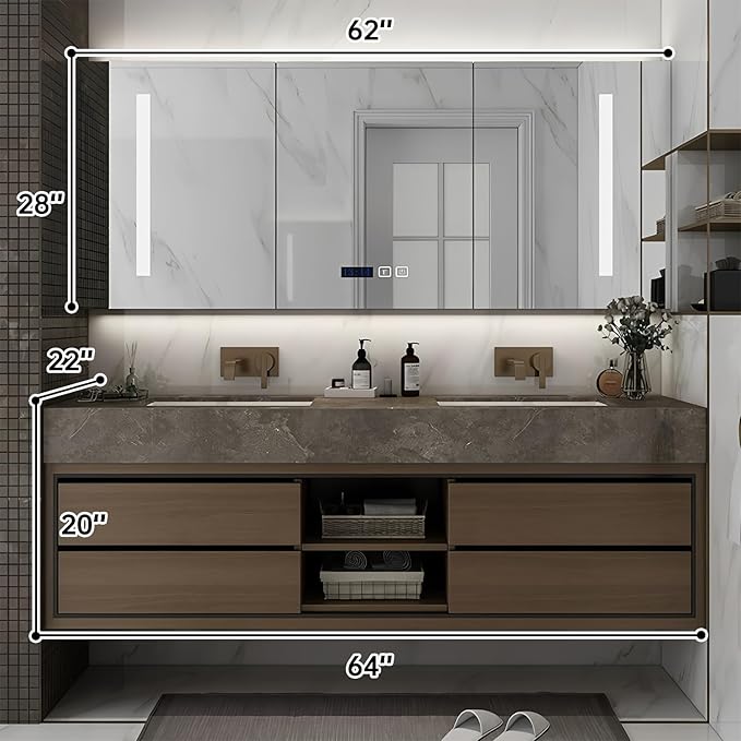 64IN Double Sink Bathroom Vanity, Floating Modern Bathroom Vanity Include Smart Defog Mirror Cabinet with LED Light, Solid Wood Vanities with Integrated Sink and Drawers Storage