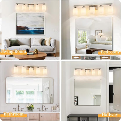 Bathroom Light Fixtures, Vanity Light Over Mirror Nickel 5-Light Fixture | Modern bathroom vanity light fixture with metal frame, ideal for mirrors, bedrooms and hallways. Fits E26 bulbs.