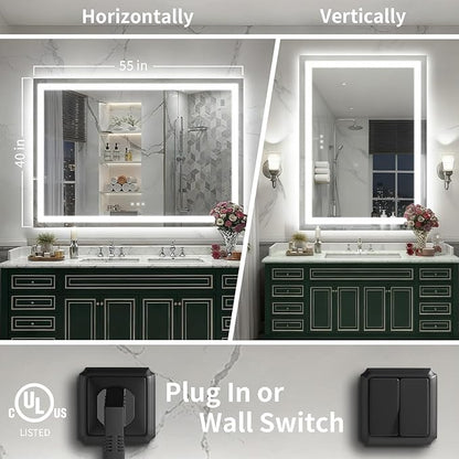 LED Mirror for Bathroom, 55x40 Inch Backlit + Front Lighted Bathroom Vanity Mirror with Lights for Wall, Double Light Strips, 3 Colors, Shatter-Proof, Anti-Fog and Brightness Memory