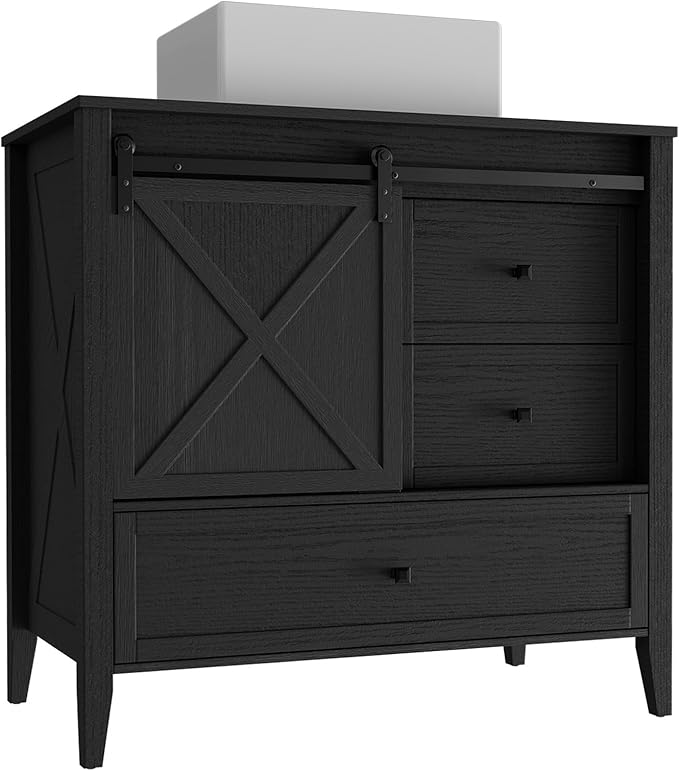 VNN Bathroom Vanity with Sink - 36 Inch Bathroom Vanity with Sink Ceramic, Freestanding Cabinet with Farmhouse Sliding Barn Door and 3 Drawers, Space-Saving Storage Cabinet, Wood Grain Texture, Black