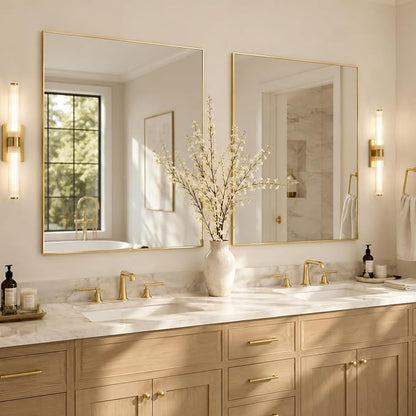 30"x30" Brushed Gold Framed Square Bathroom Vanity Wall Mirror | Accent Wall Mirror, Square Geometric Look, Slim Metal Frame, Living Room or Entryway, Keyhole Mount, Tempered Glass
