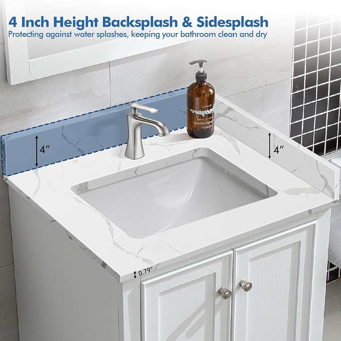 24 in.W x 22 in.D Quartz Calacatta River Vanity Top,with Undermount Middle Sink Vanity Top,with One Sidesplash & One Backsplash,Single Faucet Hole Spread Bathroom Vanity Sink Countertop