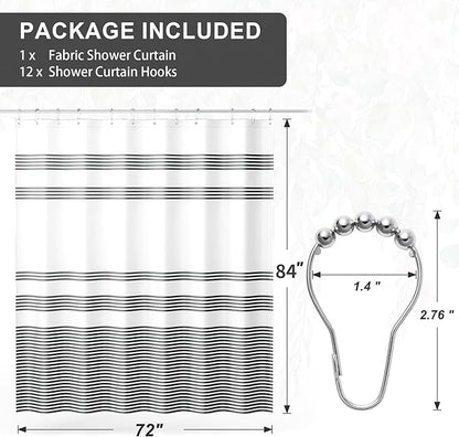 AmazerBath Shower Curtain, Striped Black Fabric Shower Curtain Set with 12 Shower Curtain Hooks, Rustic Cloth Black and White Curtain, Farmhouse Bathroom Shower Curtain Sets, 72x84 Inches