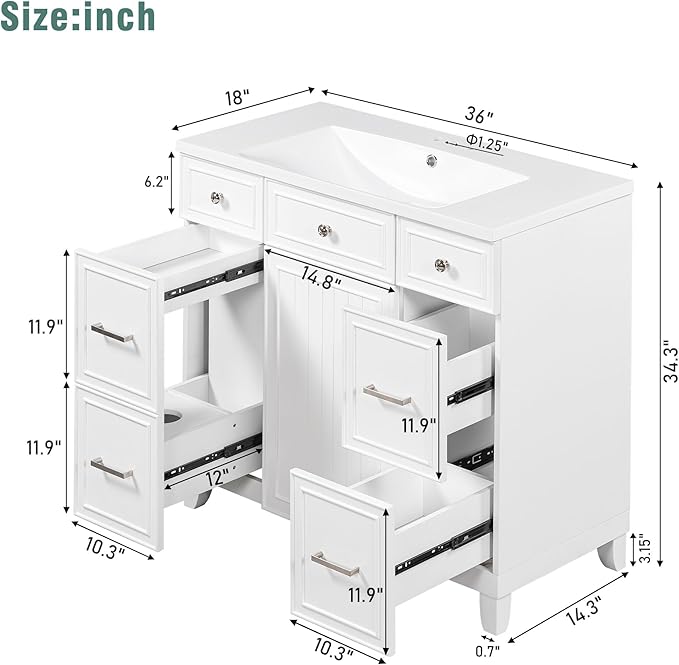LUMISOL 36" Bathroom Vanity with Sink Top, Modern Bathroom Vanity with 3 Drawers & Cabinet, Solid Wood Bathroom Cabinet with Undermount Basin, White