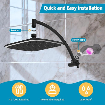 Rain Shower Head with 12" Metal Extension Arm, 10" High-Pressure Showerhead | Matte Black, Boosting Rainfall/Fixed Showerhead, Shower Head Extender Adjustable Height/Angle, 1-Min Easy to Install